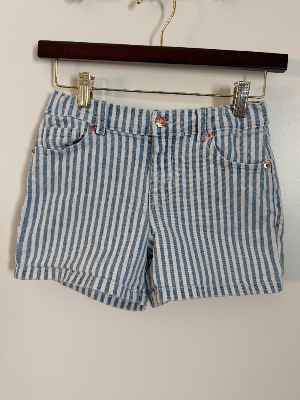 Cat & Jack Striped Denim Shorts Girls L 10 12 Blue White Stretch